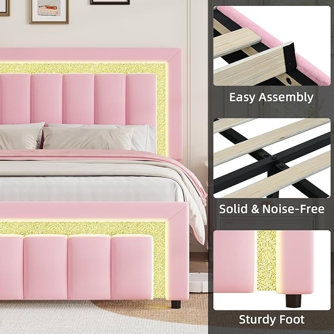 HOMBCK King Size Bed Frame with LED Lights and Velvet Upholstered Headboard, Bed Frame King with Modern Diamond Headboard Adjustable, Wooden Slats Support, Noise Free, No Box Spring Needed, Pink