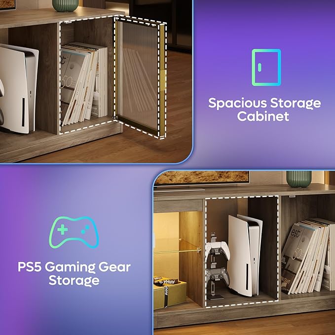 Bestier 70 inch TV Stand for TVs up to 80 Inch, LED Entertainment Center with Adjustable Glass Shelf & Translucent Doors Storage Cabinet for PS5 Xbox, Modern TV Console for Living Room, Washed Gray