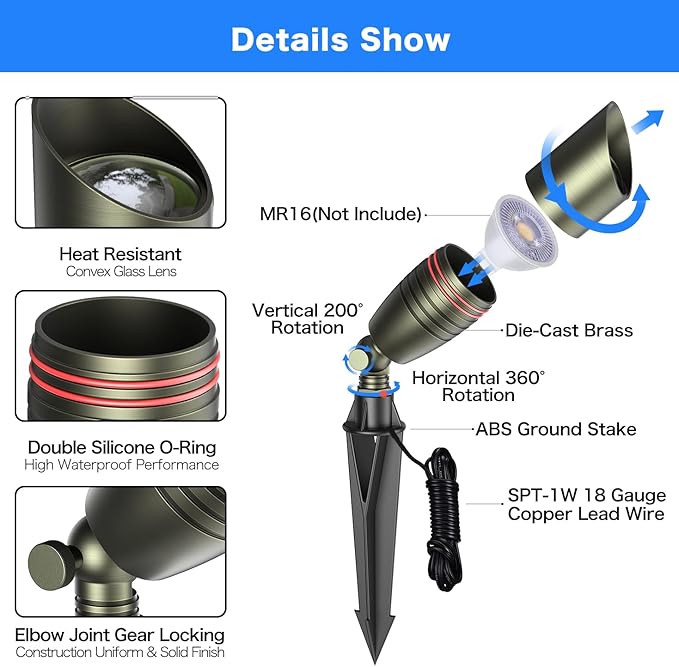 Low Voltage Landscape Lighting, 12V Brass Landscape Lighting Solid - Heavy Duty Waterproof Outdoor Up Lighting for Garden, Yard, Trees, Path & Deck - Bronze Accent Lighting, 4 Packs(No Bulb)