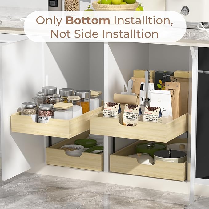 COOLBEBE Pull Out Drawer Organizer for Cabinets, 2 Tier Soft Close Cabinet Drawers Slide Out, 2 Layer Wood Double Tier Pull Out Shelves for Kitchen, Pantry, Bathroom