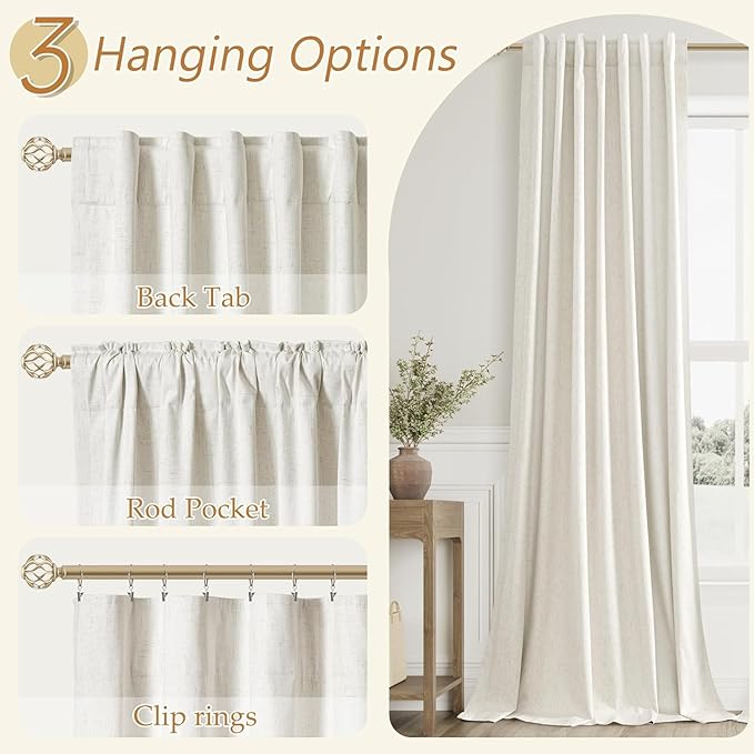 Guken 100% Blackout Linen Curtains 52 Inch Wide by 118 Inch 2 Panels Set for Living Room Bedroom Back Tab Thermal Insulated Black Out Linen Drapes Room Darkening Window Curtains, Natural