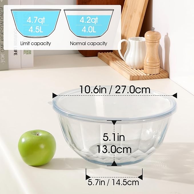 NUTRIUPS 4.7 Quart Large Glass Mixing Bowl with Lid, Deep Big Glass Bowl Large Salad Bowl (White-A)