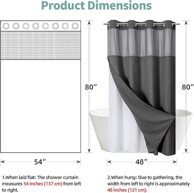 Charcoal Grey No Hook Waffle Weave Shower Curtain with snap-in Liner Replacement, 230GSM Waterproof Fabric Hotel Shower Curtain Set for Bathroom, Through Mesh Top Window,54Wx80H