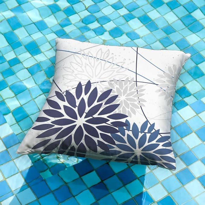 Blue Flower Pillow Covers 16x16 Inch Set of 2 Dark and Light Blue Colored Pillow Farmhouse Outdoor Waterproof Decor for Patio Funiture Garden Summer Floral Polyester Square Cushion Cover 01D16