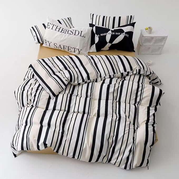 Luxlovery Black and White Comforter Sets King Striped Bedding Comforter Men Women Fashion Vertical Stripe Grey Farmhouse Blanket Quilts Modern Soft Breathable Cozy Comforter for King Bed