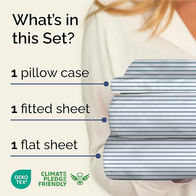 Striped Sheets - Blue & White Striped Sheets - 1 Flat & 1 Fitted & 1 Pillowcase w/ Deep Pockets – Wrinkle & Fade Free - Ultra-Soft, Breathable & Cooling - Luxury Pinstripe Bedding - Twin XL Size Set