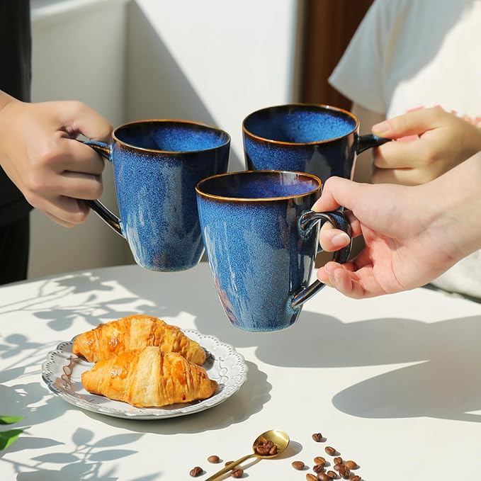 MONITO 17 OZ Coffee Mugs Set of 6, Large Ceramic Blue Coffee Mugs Set with handle for Tea/Latte/Milk/Cocoa, Funny Tea Cups for Office and Home, Engagement Gifts. (Starry Blue)