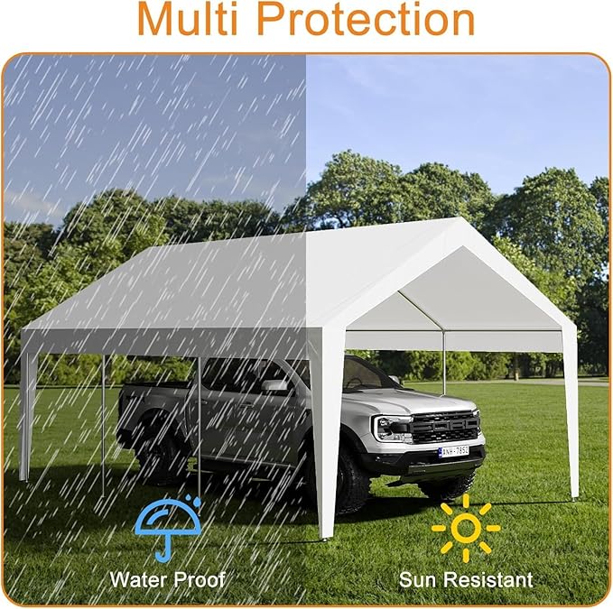 10x20ft Metal Carport Garage with PE Fabric and Galvanized Steel Frame Leg Wrap Carport for Outdoor Shelter for Cars, Trucks, and Boats - White