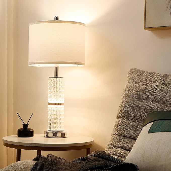 Crystal Table Lamp Set of 2, Modern Touch Lamp with Nightlight, 3-Way Dimmable Bedroom Lamp with 2 USB Ports & AC Outlets for Living Room Bedside Nightstand Lamp