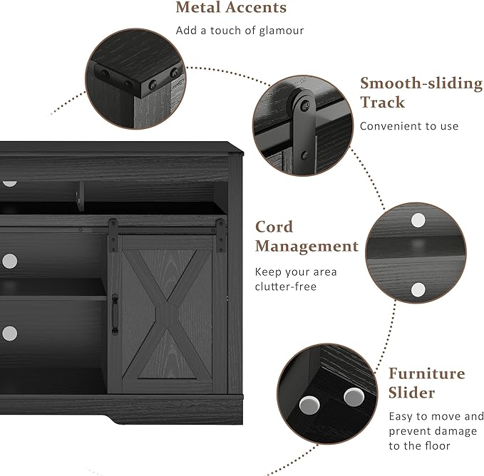 Farmhouse TV Stand for 65+ Inch TV, 34'' Tall Entertainment Center with Sliding Barn Doors, Rustic Wood Media Console Storage Cabinet Television Stand for Living Room, Bedroom (Black)