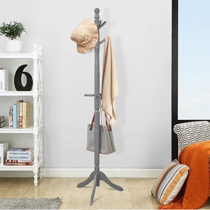 Tangkula Wood Coat Rack Freestanding, Entryway Height Adjustable Coat Stand with 9 Hooks & Stable Tri-Legged Base, Rubber Wood Coat Tree Hall Tree Coat Hanger for Home Office Hall Entryway (Grey)