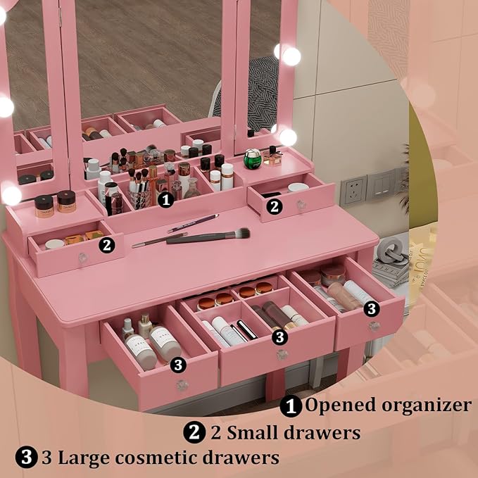 Pink Vanity Desk with Mirror and Lights for Girls Makeup Vanity Desk with Chair Vanity Table and Stool Set with 5 Storage Drawers 3 Colors Lighting Modes Tri Fold Vanity Mirror Lighted Vanity