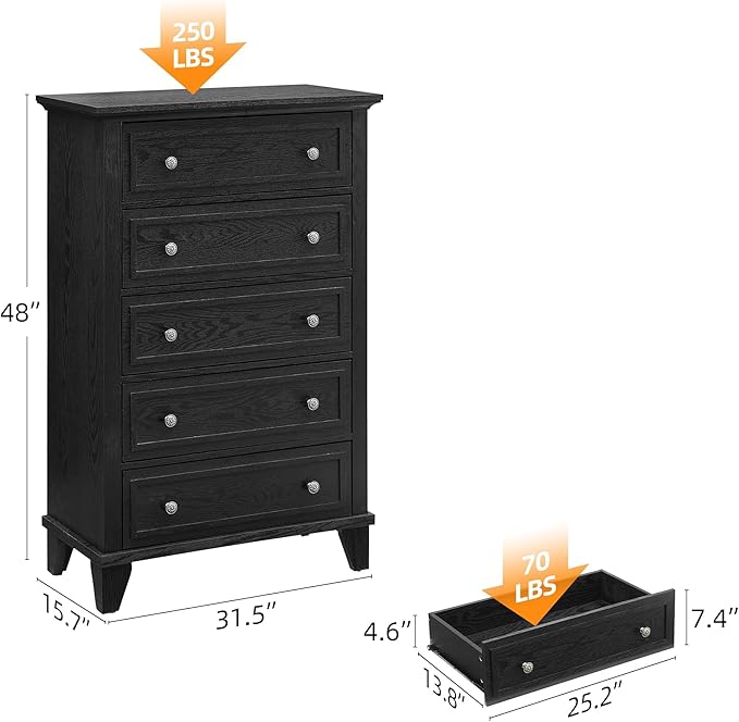 GAOMON Black 5 Drawer Dresser for Bedroom, 48" Tall Wood Dresser & Chests of Drawers with Deep Drawers, Modern Chest Organizer with Metal Handles for Living Room, Hallway, Entryway