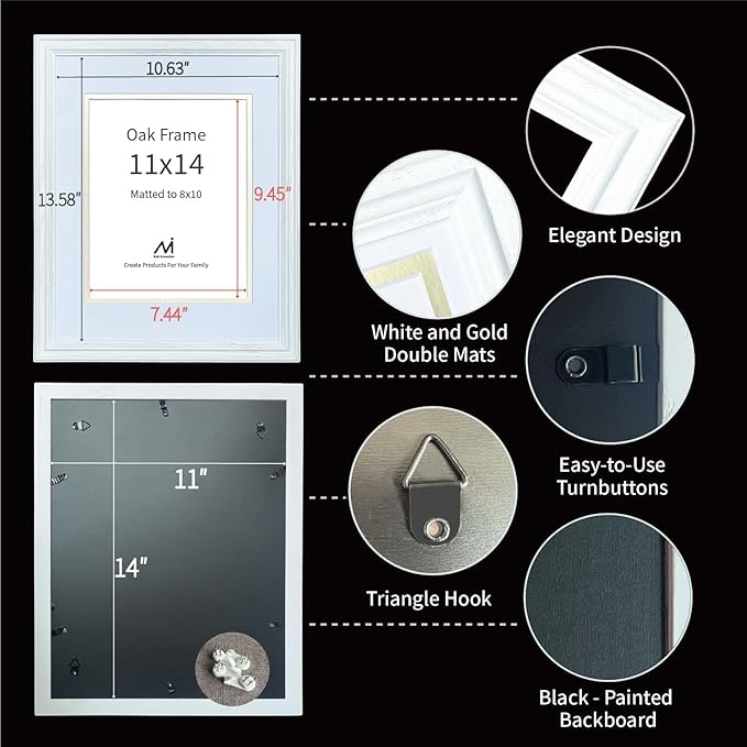 11x14 Picture Frame for Wall Hanging Solid Oak Wood, 8x10 Picture Frame with Mat,11x14 Premium Photo Frame with Real HD Tempered Glass,Ideal for Home Decor, Art Gallery,White, 1 Pack