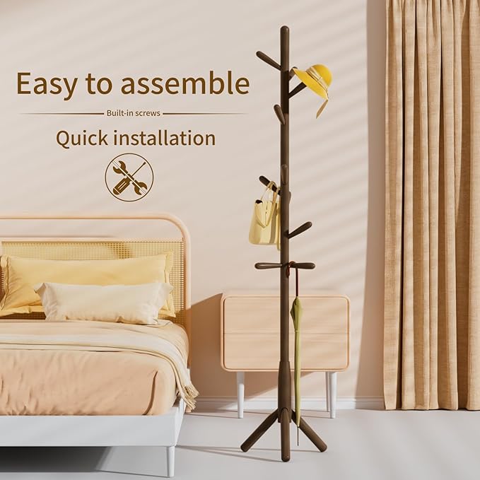 Solid Wood Coat Rack, Freestanding Tree-Shaped Coat Rack with 11 Hooks, Main Pole 1.6" dia,for Clothes, Hat Stand Used in Bedroom/Office/Entryway (3-Leg Base, Dark Walnut)