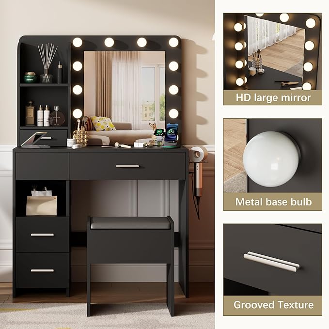 Vanity Desk with Mirror and Lights, 3 Adjustable Lighting Makeup Vanity Desk with 3 Storage Shelves, 5 Large Drawers and Power Outlet, Vanity with Chair for Bedroom, Black
