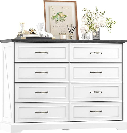 Dresser for Bedroom with 8 Drawer, Farmhouse Dresser for Closet,47'' Wide Rustic Wooden Chest of Drawers with Natural Wood Texture, Vintage Storage Organizer for Living Room, Hallway, White