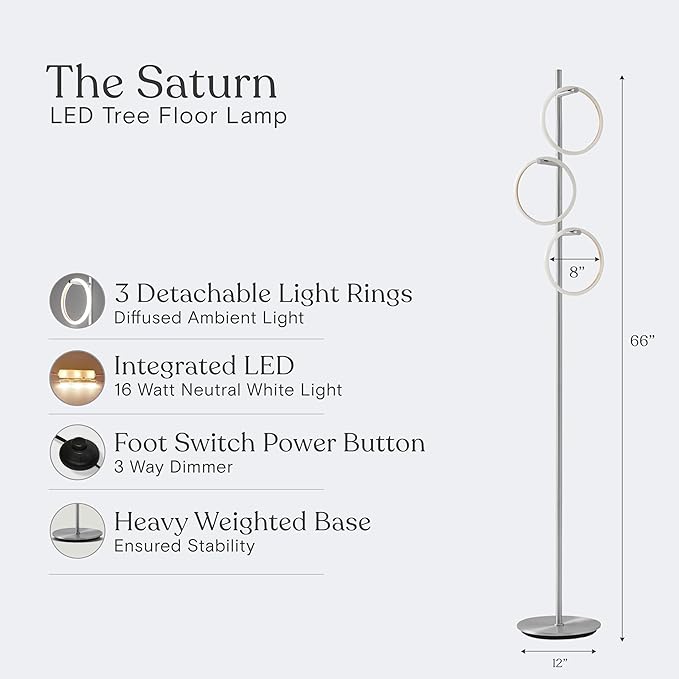 Brightech Saturn LED Tree Floor Lamp - Unique Design Matches Modern and Contemporary Decor - 3 Light Standing Pole Lamp- Tall Light for Living Room, Bedroom, and Office - Silver