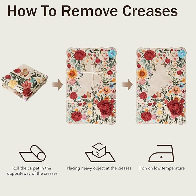 Washable Floral Rugs, 4'x6‘ Beige Area Rugs for Living Room Dining Room, Non Slip Lightweight Low-Pile Stain Resistant Boho Vintage Throw Carpet for ‎Office Entryway