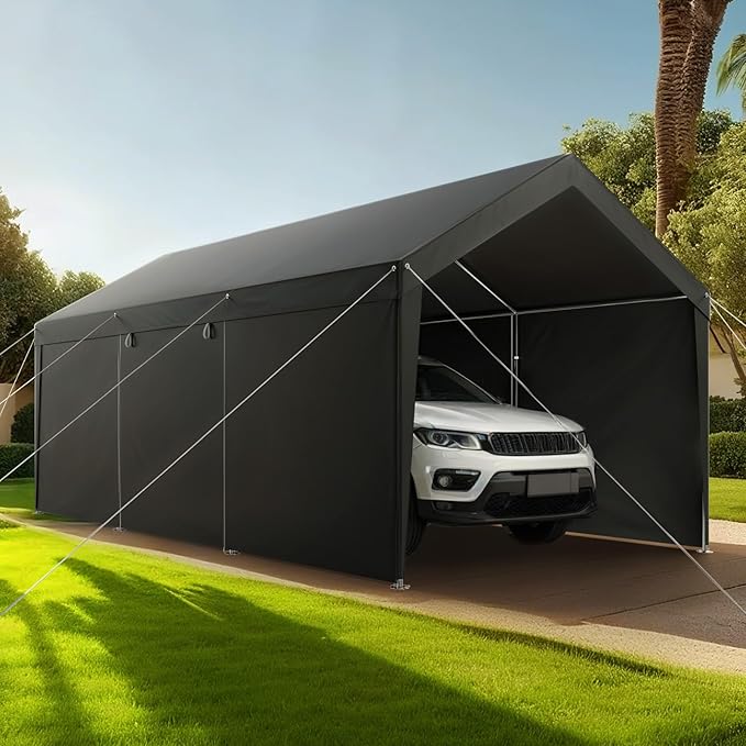 VEVOR Upgraded 10x20 FT Heavy Duty Carport Canopy with Roll-up Windows, All-Season Portable Garage with Removable Sidewalls & Doors, 12 Stakes & 12 Ropes, Car Tent for Car, Truck, Boat, Equipment