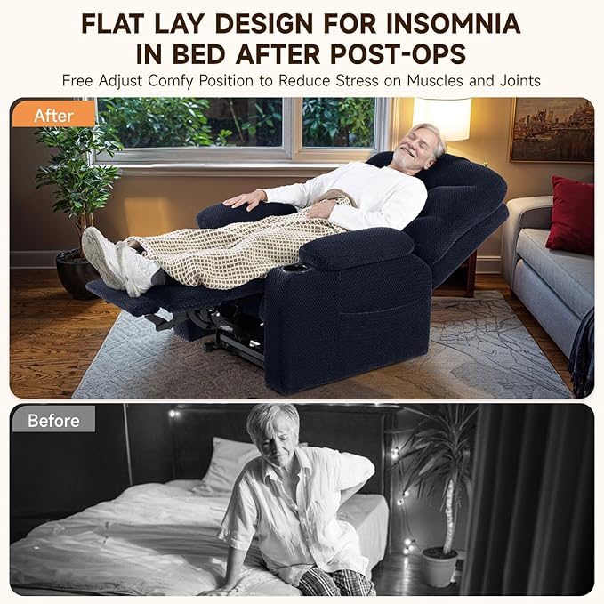 Triple Motor Large-Wide Power Lift Recliner Chair with Power Headrest for Big and Tall Elderly, Infinite Position, Massage Heat, Extend Footrest, USB, Cup Holder, Plush Flannel, Blue