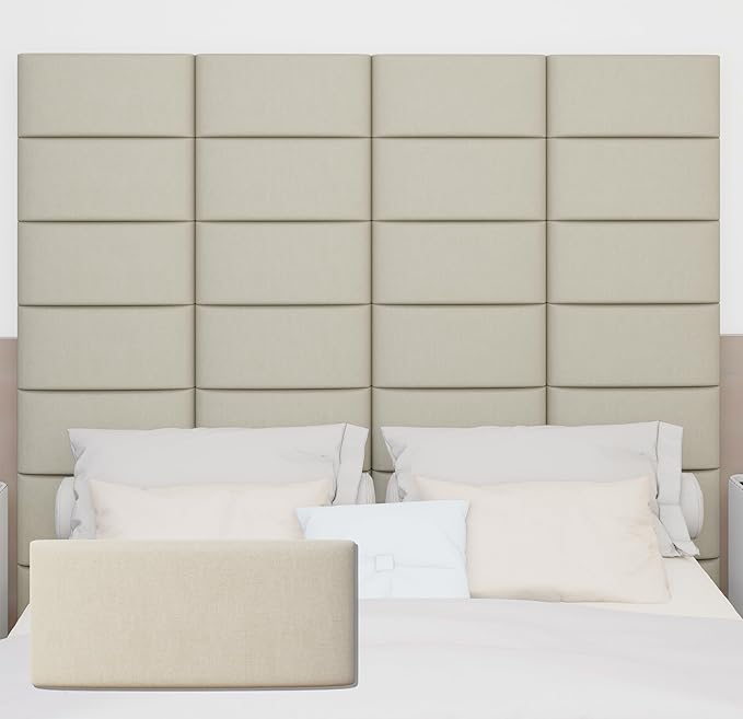 Wall Mounted Peel and Stick Upholstered Headboard, 3D Soundproof Padded Wall Panels for King Size, Soft Tufted Bed Head Board, Reusable Bed Headboard in Beige (12 Panels, 10" x 24")