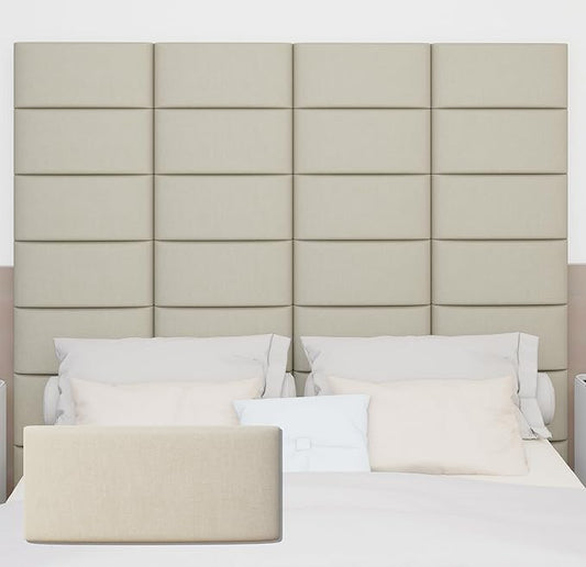 Wall Mounted Peel and Stick Upholstered Headboard, 3D Soundproof Padded Wall Panels for King Size, Soft Tufted Bed Head Board, Reusable Bed Headboard in Beige (12 Panels, 10" x 24")