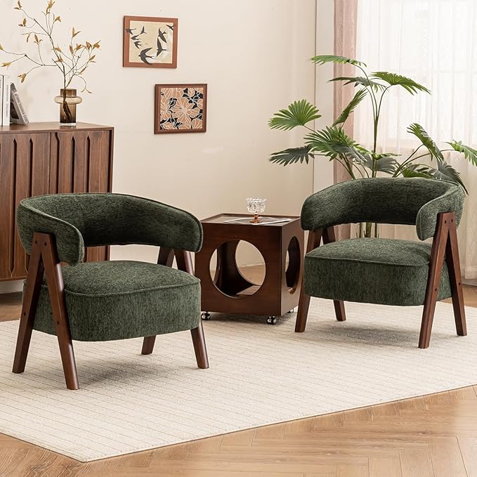 Kidol & Shellder Mid Century Accent Chair Set of 2 Comfy Fabric Modern Living Room Bedroom Chairs Upholstered Lounge Reading Armchair with Thicken Seat Cushion Wood Frame （Green）