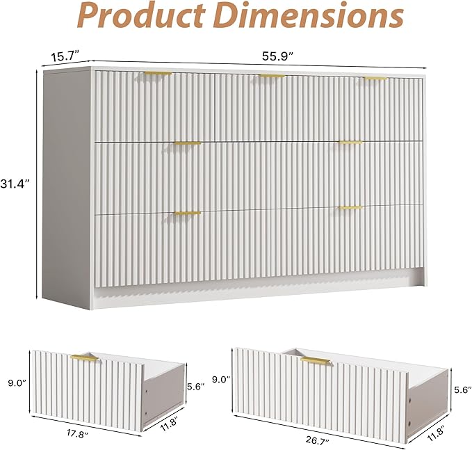 White 7 Drawer Dresser for Bedroom, Modern Fluted Dresser with Gold Metal Handles, Wide Chest of Drawers for Bedroom,Living Room, Entryway, Hallway, 55.9" L x 15.7" D x 31.4" H
