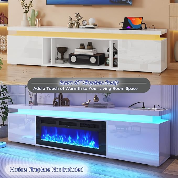 83Inch LED TV Stand for 95Inch TV, Modern TV Stand with Power Outlet, High Gloss TV Console Entertainment Center with Storage for Living Room (83 Inch, White)