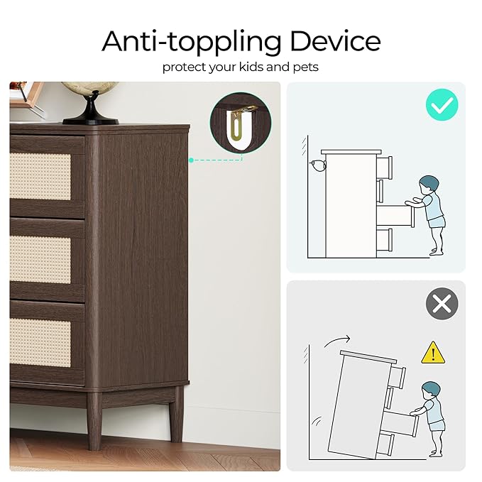 LINSY HOME Rattan Dresser for Bedroom with 6 Drawers, 47" Wide Chest of Drawers, Mid Century Modern Dresser TV Stand with Metal Handle, Wood Closet Storage Cabinet for Living Room, Hallway, Walnut