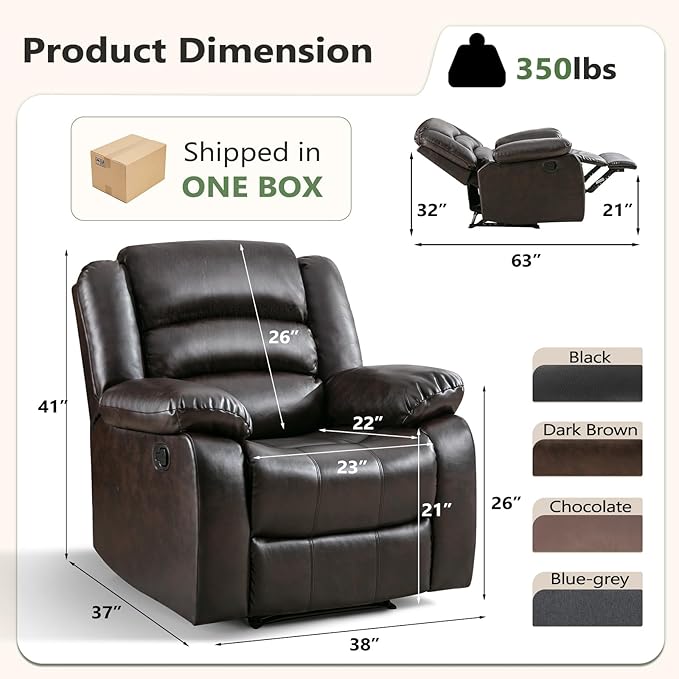 ANJ Manual Recliner Chair, Breathable Faux Leather Reclining Chairs with Overstuffed Arm and Back, Living Room Single Sofa Recliners (Dark Brown)