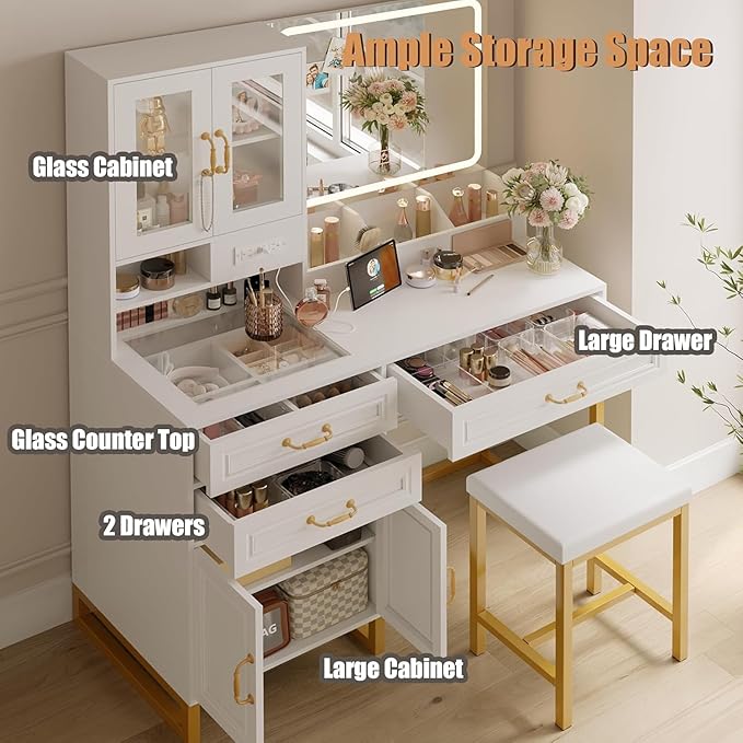 Makeup Vanity Desk with Mirror and Lights - Vanity Table Set with Glass Top Storage Drawer and Bench for Bedroom, in White and Gold