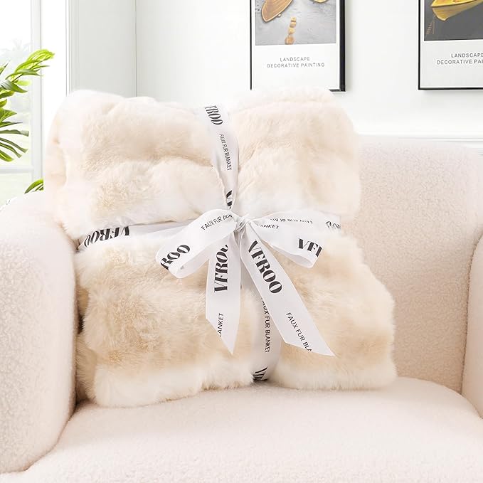 Faux Rabbit Fur Throw Blanket – 850GSM Thick & Warm, Ultra Soft Plush Blanket for Couch, Bed, Sofa, Ideal Gift for Women, 60" × 80", Beige