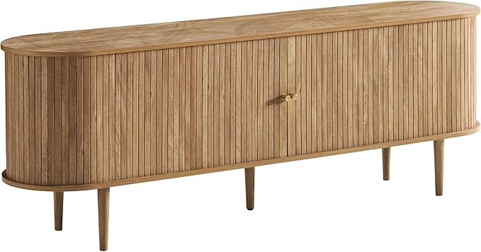 AMERLIFE 70" TV Stand with Solid Wood Legs, Mid Century Modern TV Console with Tambour Door for 80-inch TV, Dust-Proof Storage Cabinet for Living Room, Natural Oak