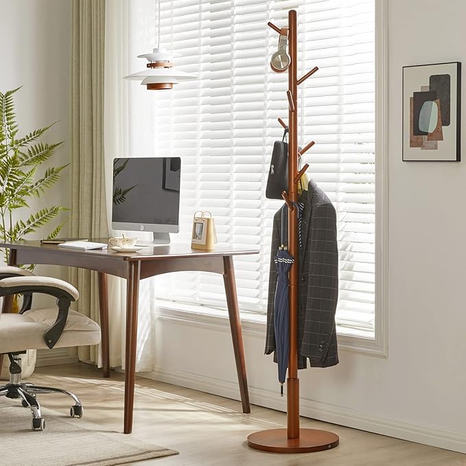 Wood Coat Rack Freestanding, Coat Stand with 8 Hooks, Kids Coat Tree with 3 height options and Sturdy Base, Rustic Coat Rack Small Hall Tree Brown YD-1008