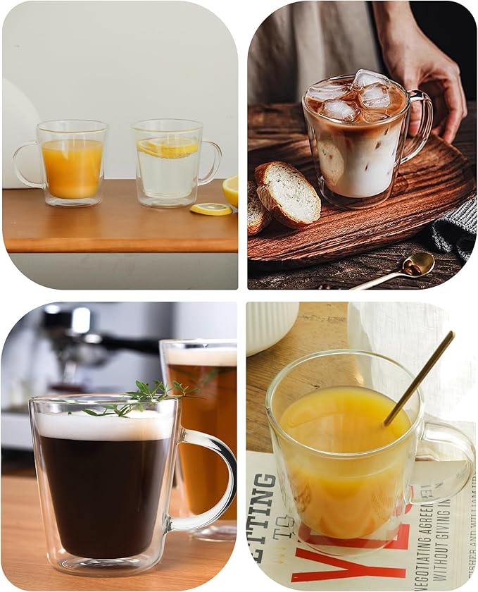 LIBWYS 12oz Double Wall Glass Coffee Mugs, Cappuccino Latte Tea Cups with Handle, Heat Resistant Borosilicate Insulated Clear Glasses (Set of 6)