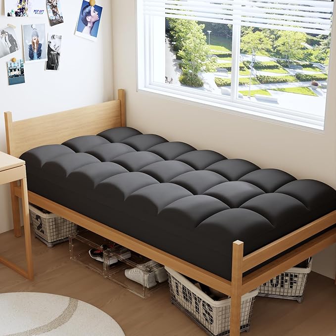 Twin XL Mattress Topper for Back Pain Relief, Extra Thick Pillow Top Plush Mattress Pad with Deep Pocket, Soft Pillowtop TwinXL Size Bed Toppers Filled Fluffy, College Dorm, Black