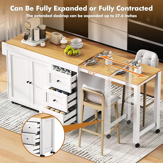 74.8" Rolling Kitchen Island with Extendable Dining Table, Kitchen Storage Cart with 3 Drawers and Power Outlet, Mobile Island Table with Spice Rack and Double-Door Cabinet (White)