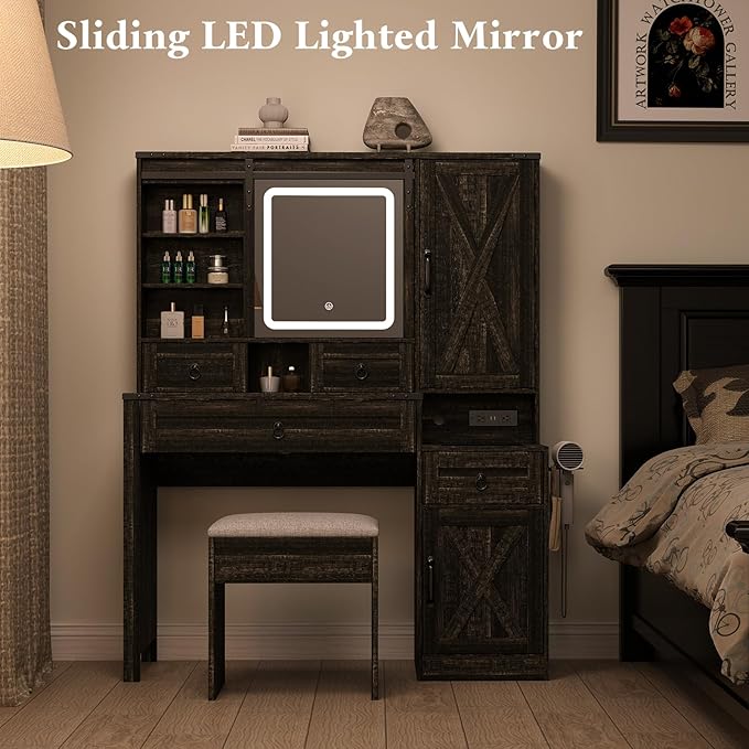 Farmhouse Makeup Vanity Desk with Sliding Mirror and Lights, 42" Glass Top Vanity Table with Charging Station & 4 Drawers & 2 Cabinets, Vanity Set for Bedroom, Dressing Table with Stool, Black