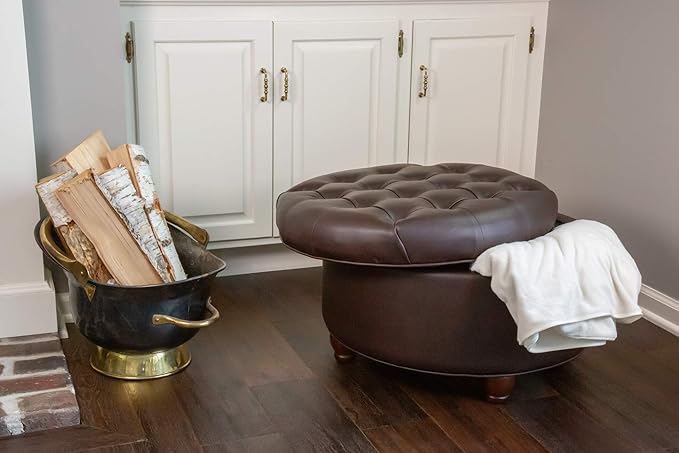 Homepop Home Decor | Button Tufted Faux Leather Round Storage Ottoman | Ottoman with Storage for Living Room & Bedroom (Distressed Brown)