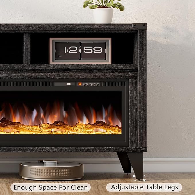 65“ Fireplace TV Stand, Farmhouse Entertainment Center with 60" Tempered Glass Electric Fireplace, Industrial Media Console with Open Storage Space for TVs up to 75", Black