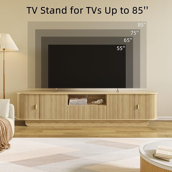 86.61'' Tambour TV Stand for 55-85 Inch, Modern Entertainment Center with Large Storage Cabinet & Open Shelves, TV Console with Sliding Doors for Living Room, Bedroom, Natural