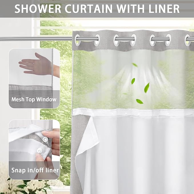 YellyHommy No Hook Shower Curtain with Snap in Liner Set Less Time Light Gray Waffle Shower Curtain for Bathroom 75" L x 72" W Light Grey