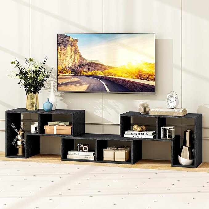 Tangkula 3 Pieces Console TV Stand, Free-Combination Entertainment Center for 50 55 60 65 Inch TV, Minimalist Modern TV Table Media Stand, DIY Open Storage Bookcase for Living Room (Black Wood Grain)