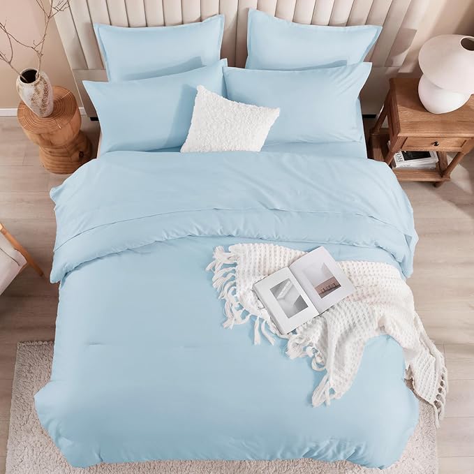 Litanika Comforter California King Size Set Light Blue - 7 Pieces Bed in a Bag California King Bedding Comforter Sets, Plain Lightweight Bed Set with Comforter, Sheets, Pillowcases & Shams