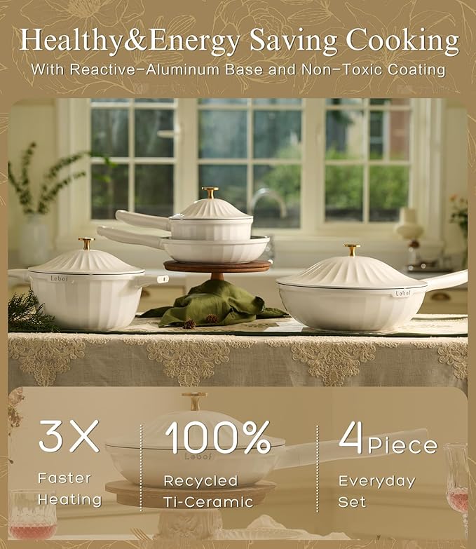 Nonstick Ceramic Cookware Set (7 Piece)–Titanium Cast Aluminum Pots and Pans Set with Lids, Non Toxic PFAS-Free Compatible with All Stovetops–Pearl White