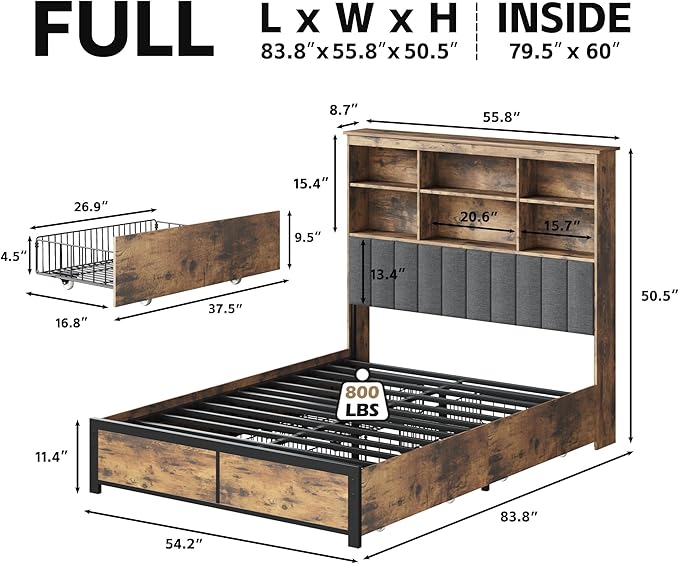 HISOFT Full Bed Frame with Headboard, Wood Bed Frame with High Storage Bookcase, 4 Storage Drawers & LED & Charging Station,No Box Spring Needed/Noise Free/All-Metal Support, Vintage Brown