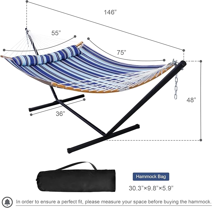 12 Ft Yard Hammock with Stand, 2 Person Hammock Freestanding with Curved Spreader Bar, Large Hammocks for Outside with Pillow and Portable Bag, Heavy Duty 450 lbs, Blue Stripes