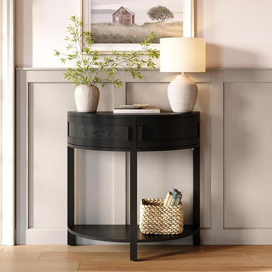 Farmhouse Half Moon Console Table - Blackened Oak Rustic Wood - Narrow Console Table with Storage & Black Knobs - Hallway, Entryway & Living Room Furniture - Entryway Furniture - Hallway Decor